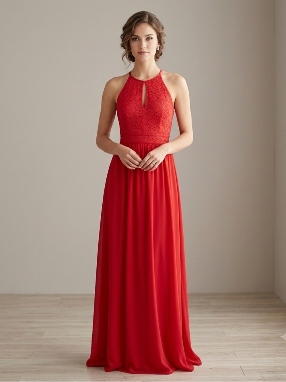 Candalite Red Lace Halter Evening Dress, Women's Formal Gown, Size Medium Maxi